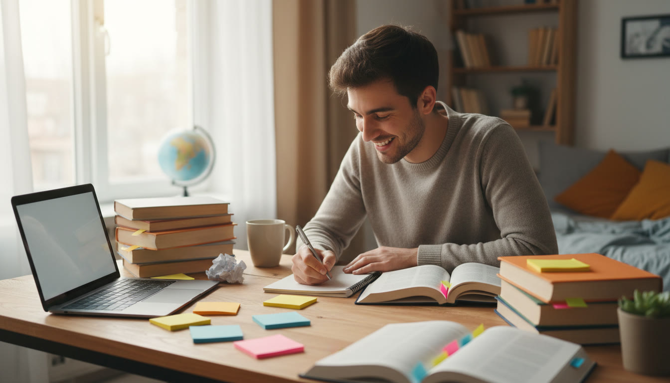Photo Idea : A student at a desk surrounded by IB books and a laptop, drafting a personal statement with notes and sticky tabs.
