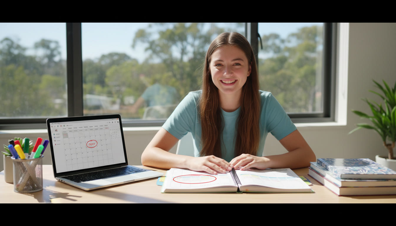 Photo Idea : student at desk with color-coded planner and laptop showing Friday circled