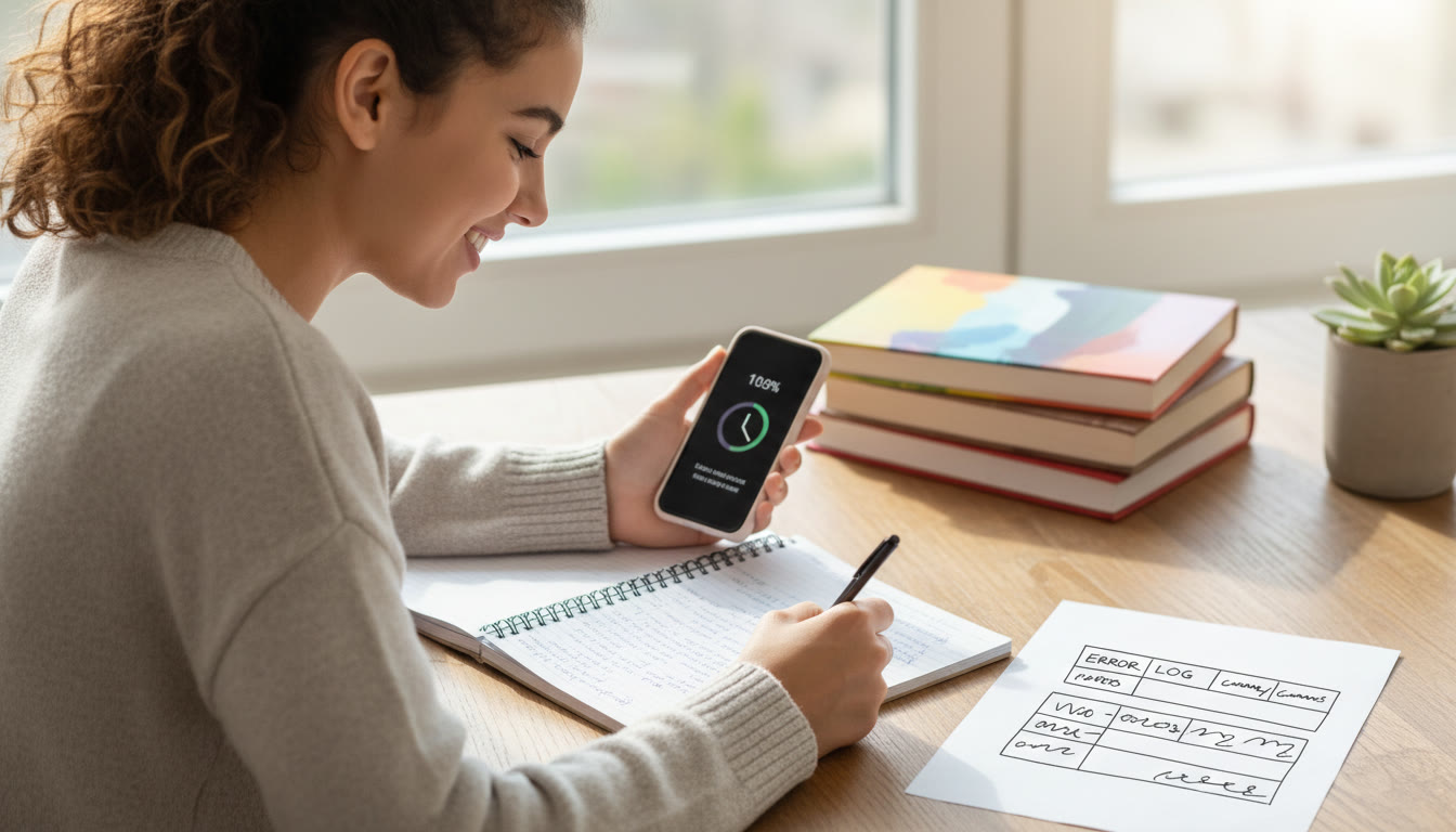 Photo Idea : A student using a timer on a smartphone while writing answers in a notebook, with a visible error log sheet nearby