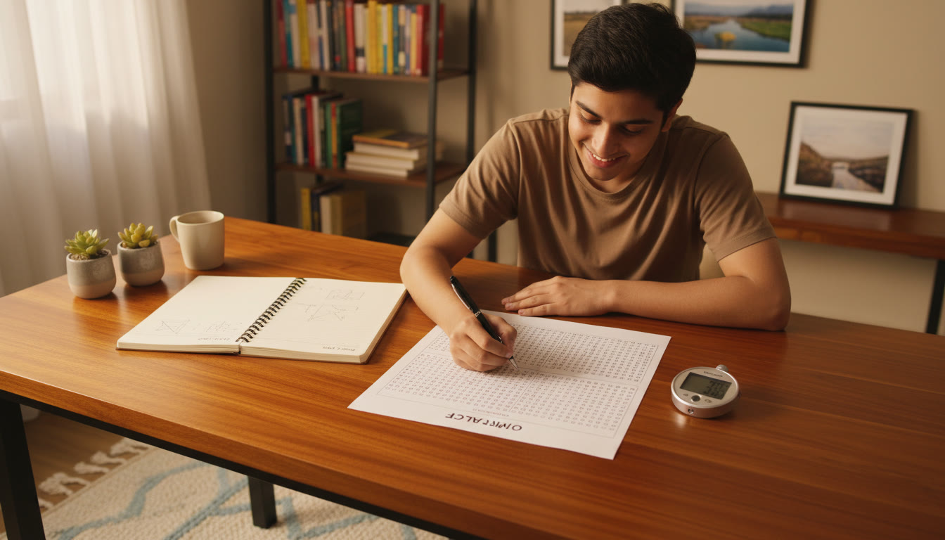 Photo Idea : A student marking answers on an OMR practice sheet with a stopwatch nearby and a neat error-log notebook open.