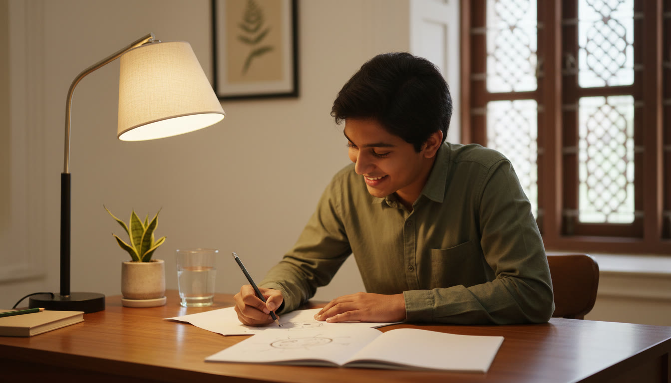 Photo Idea : Student sketching a labelled biology diagram on a clean sheet under a desk lamp