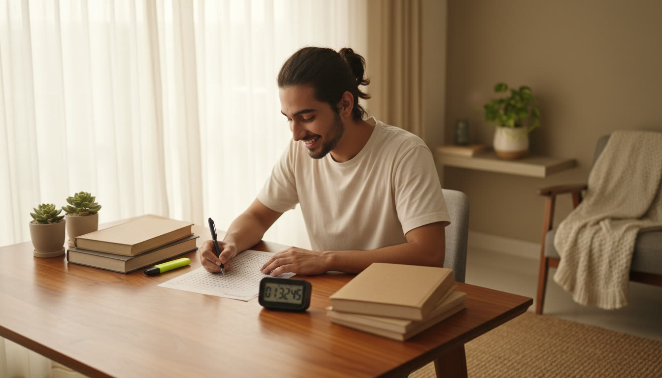 Photo Idea : A student sitting at a table taking a timed mock test with a stopwatch and OMR sheet layout beside them