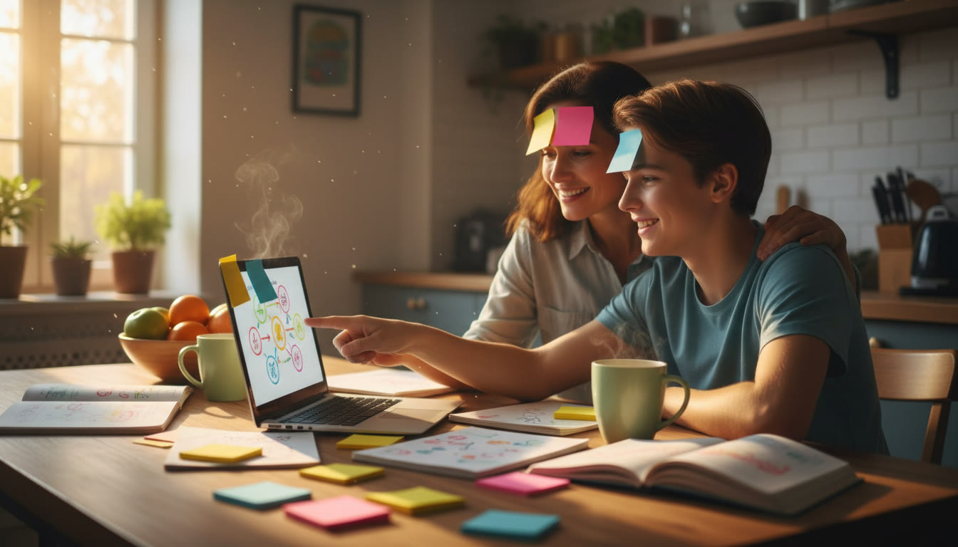 Photo Idea : Parent and student sitting at a kitchen table with a laptop, notebooks, and sticky notes, warm afternoon light