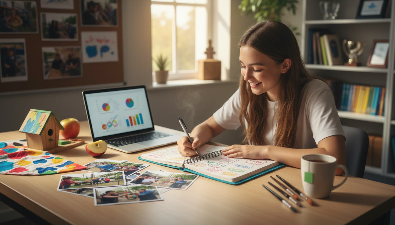Photo Idea : student writing in a CAS journal with photographs and project materials spread out on a desk