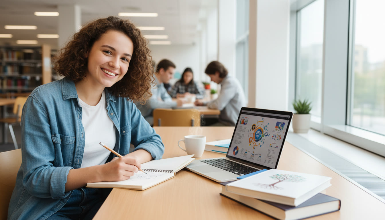 Photo Idea : student sketching a research plan on a notebook beside a laptop and textbooks