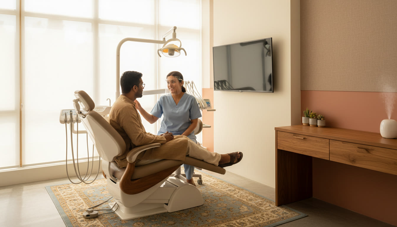 Photo Idea : A clinician consulting a patient in a bright dental clinic with modern equipment