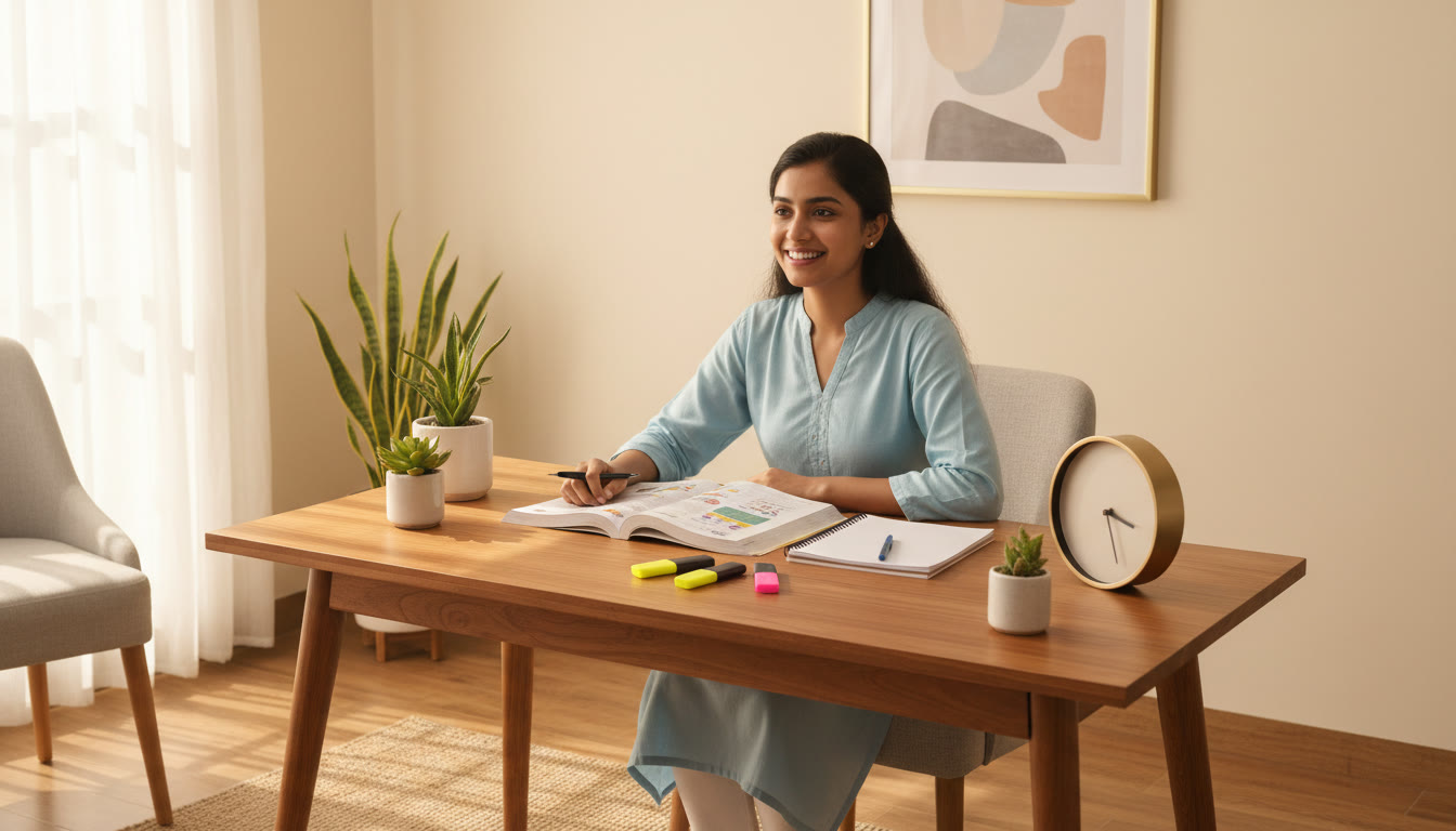Photo Idea : Student at a tidy desk with a planner, open NCERT book, highlighters and a clock