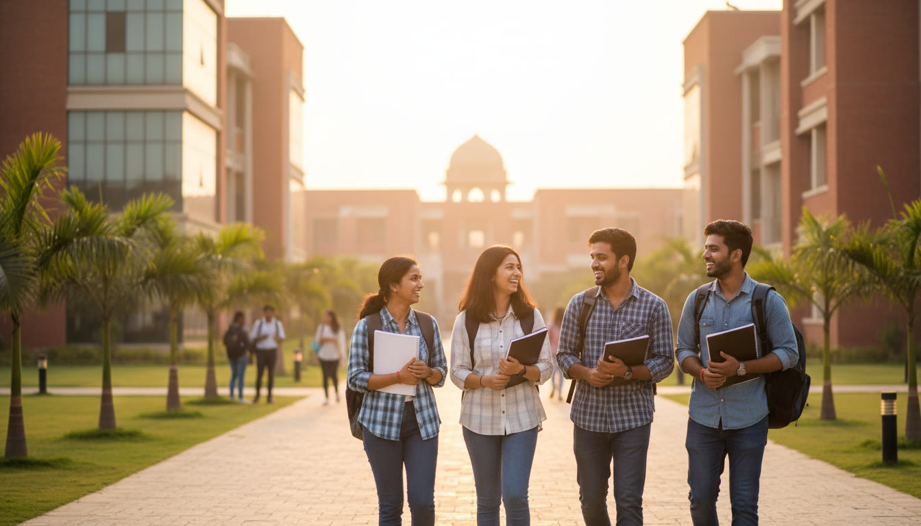 Photo Idea : A diverse group of students walking between engineering buildings, talking and laughing with backpacks