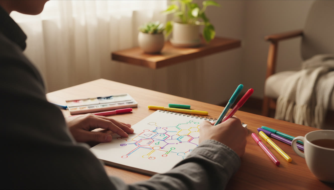 Photo Idea : Close-up of student hands writing a colorful formula and reaction chart on a notepad
