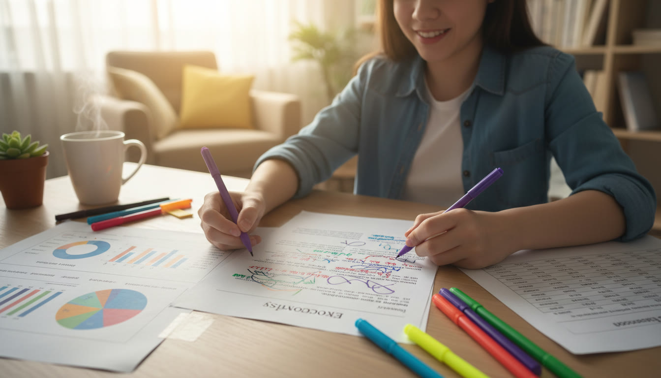 Photo Idea : Overhead shot of a student annotating an Economics essay with colored pens and printed data
