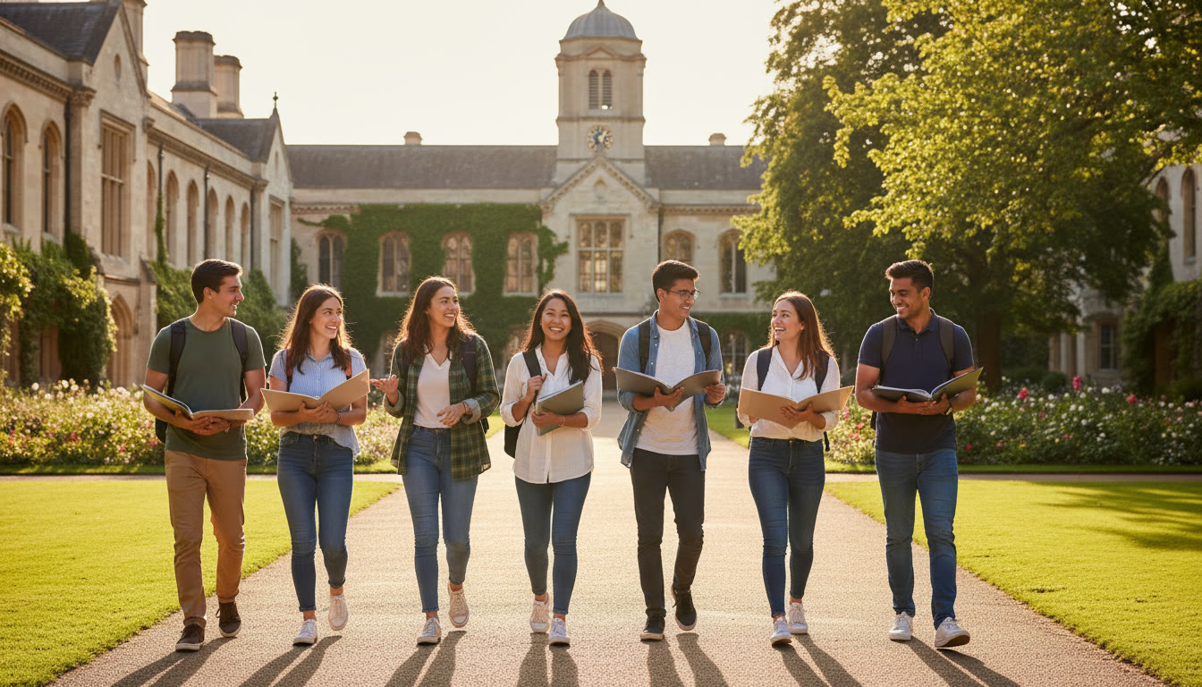 Photo Idea : A group of diverse IB students walking through a university quad with backpacks and folders