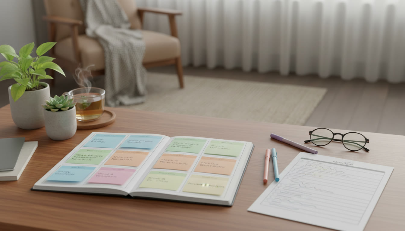 Photo Idea : A neat weekly planner with color-coded sticky notes and a printed mock test sheet
