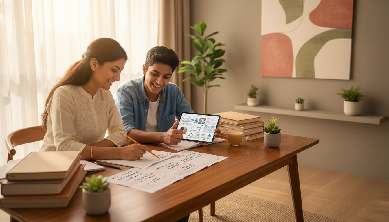 Photo Idea : Tutor and student reviewing test paper with notes and a tablet showing a strategy dashboard