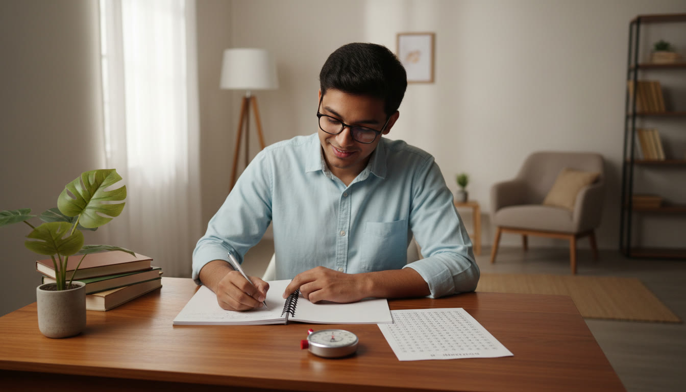 Photo Idea : Student calmly solving a full-length mock test in a quiet study room with stopwatch and OMR sheet beside them