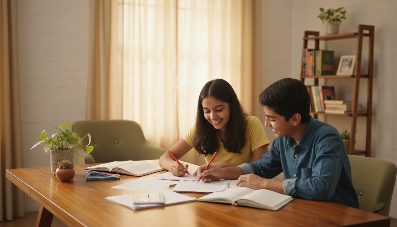 Photo Idea : Two students reviewing a mock test paper together and making corrections
