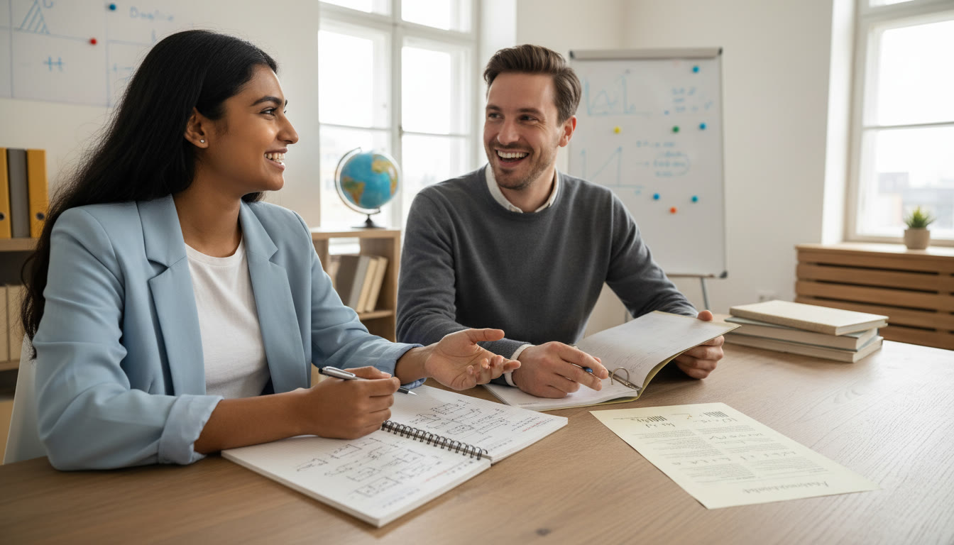 Photo Idea : A student practicing a mock interview with a tutor, notes and a one-page brag sheet visible