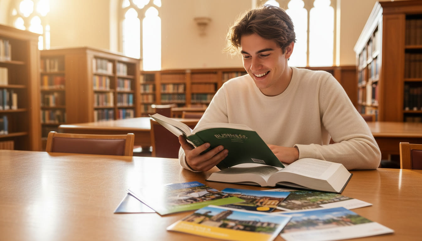 Photo Idea : Student in a sunlit library reading a business textbook with Australian university brochures nearby