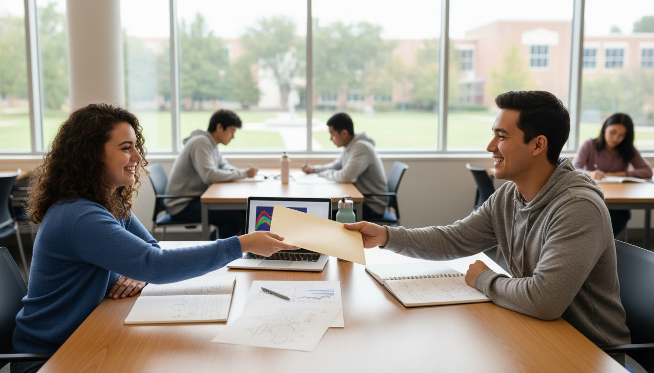 Photo Idea : A student handing a neatly labeled folder to another student at a study table, with notebooks and a laptop visible