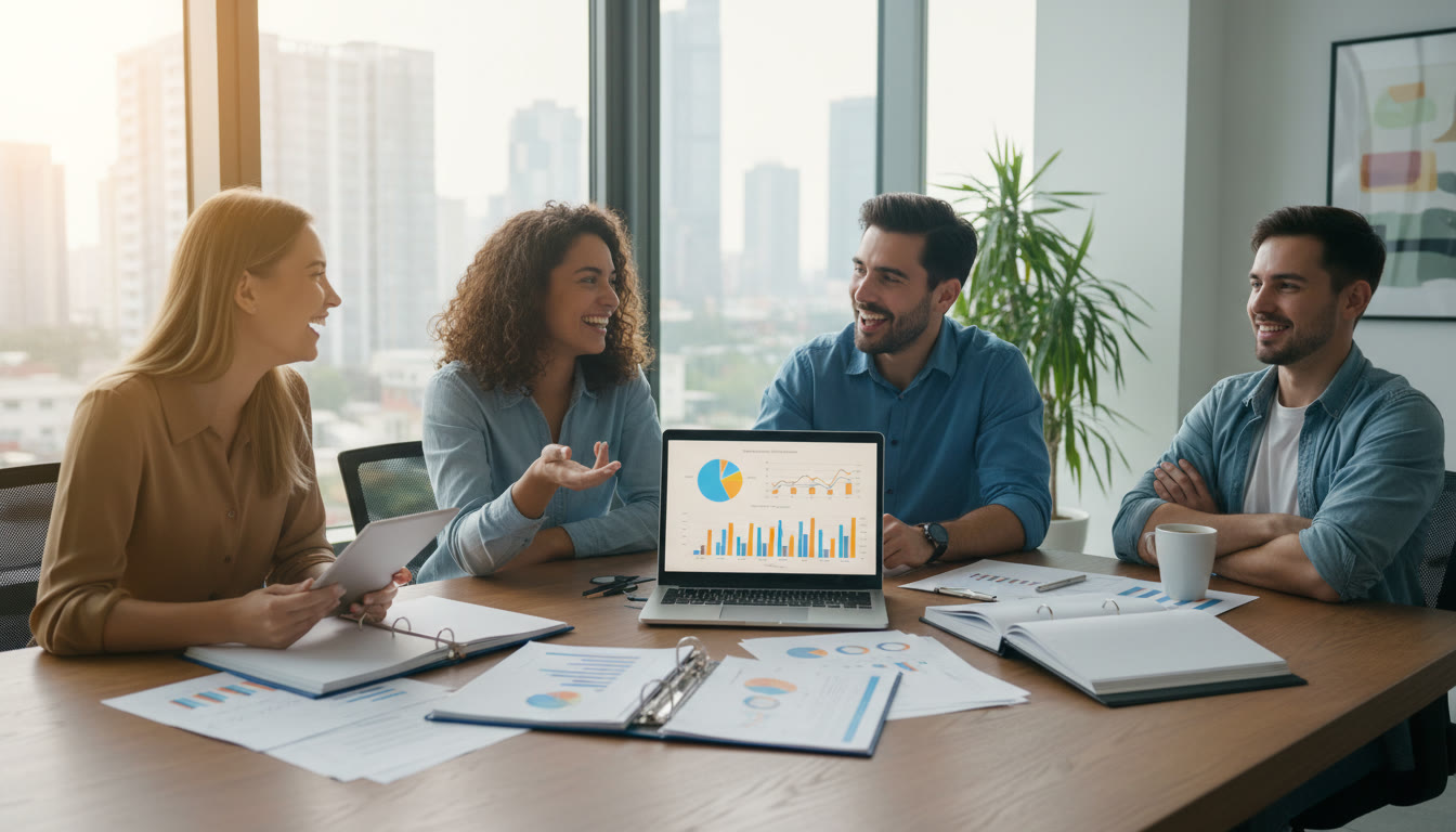Photo Idea : a small team reviewing charts and budgets around a table, with a laptop open
