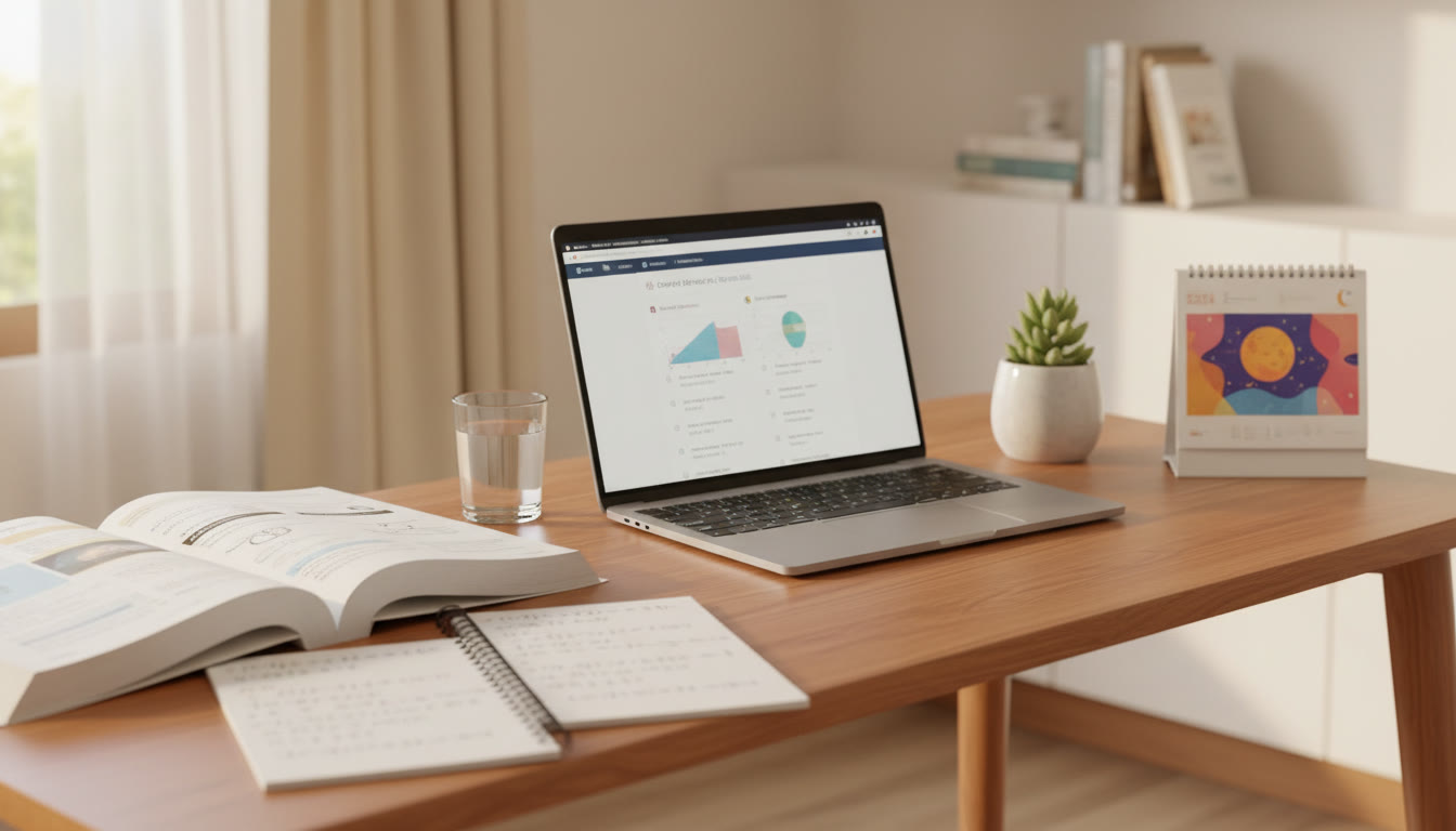 Photo Idea : A neatly arranged study desk with an open textbook, notebook with solved problems, a laptop showing practice test interface, and a small calendar.