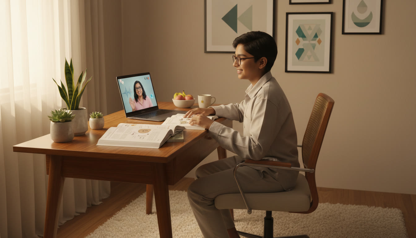 Photo Idea : Student at a tidy study desk, NEET books open, laptop showing a virtual tutor on video