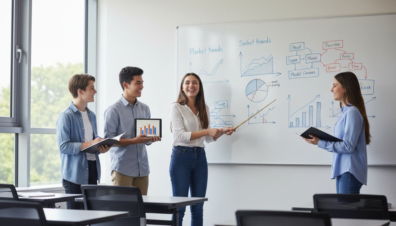 Photo Idea : A small group of students presenting a business project with charts on a whiteboard