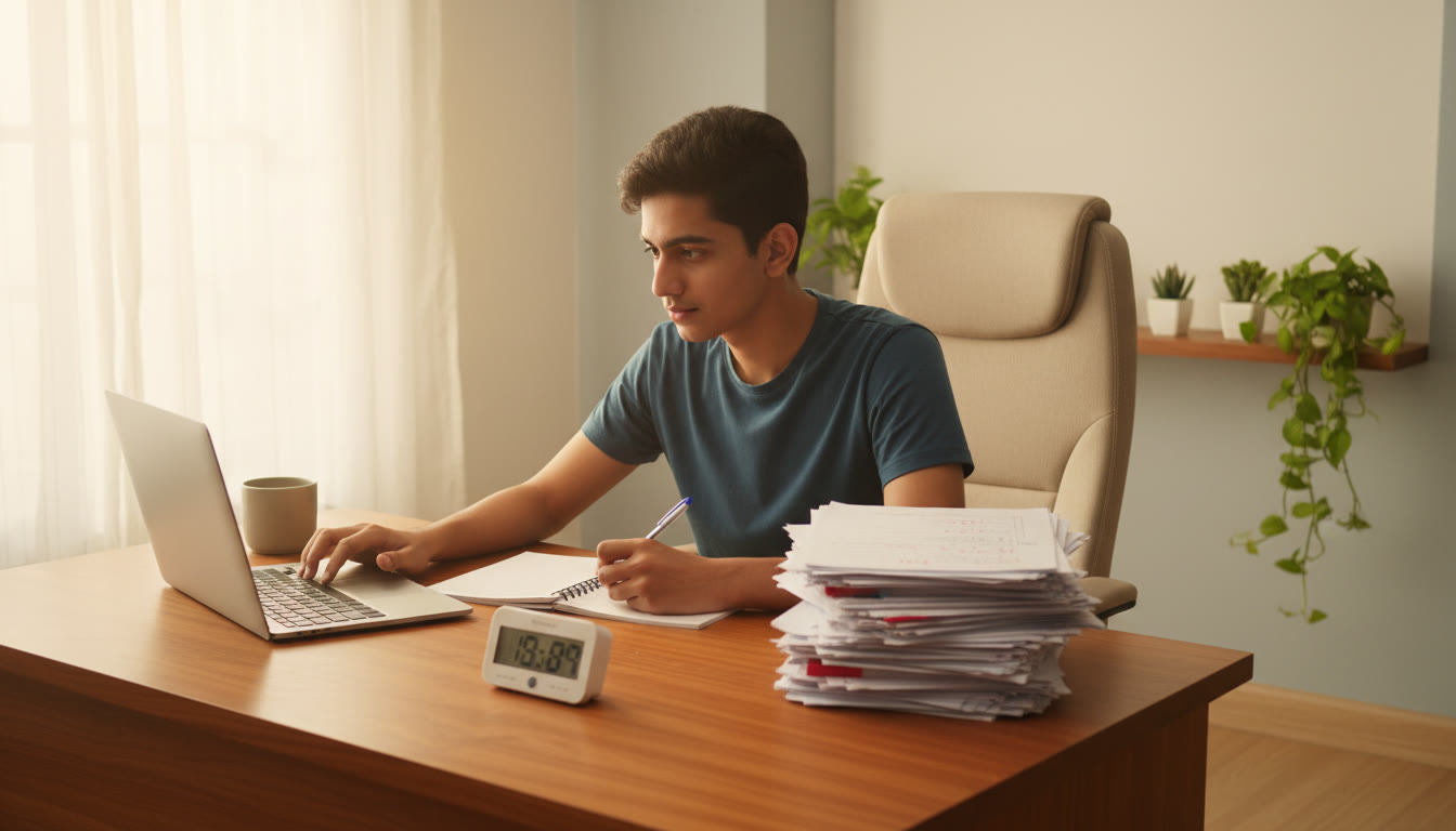 Photo Idea : A focused student taking a full-length mock test on a laptop with a notebook, timer, and a pile of solved question papers beside them.