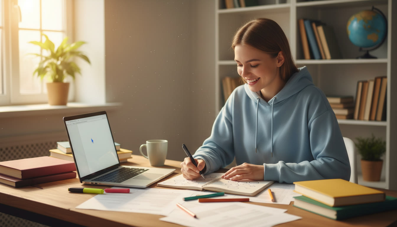 Photo Idea : Student at a desk surrounded by notebooks and a laptop, writing a research question