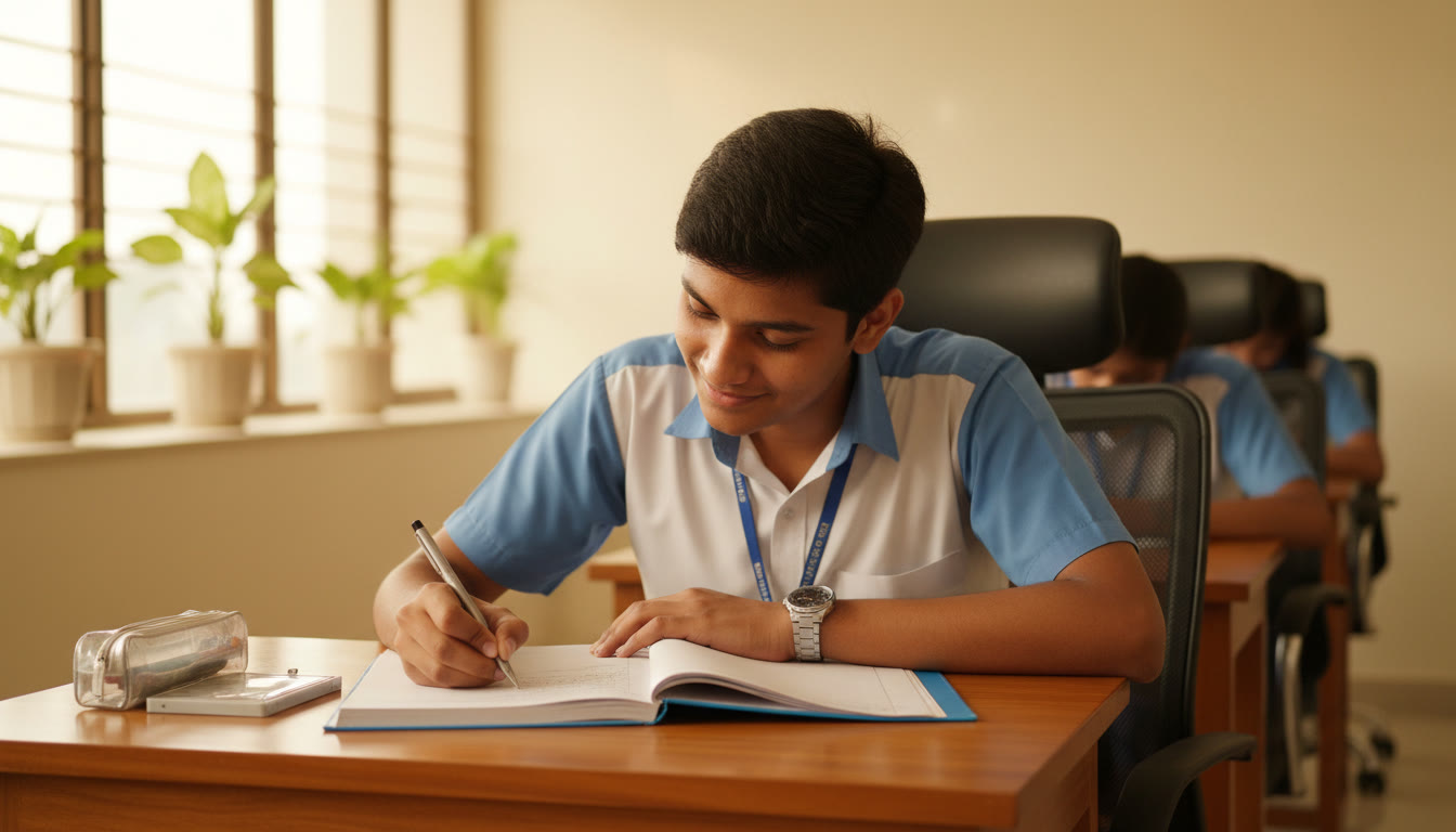 Photo Idea : A focused CBSE student writing neatly in an exam hall with an answer booklet and a wristwatch