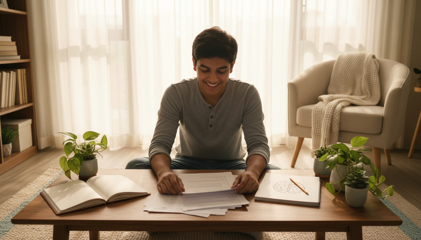 Photo Idea : A student analyzing a completed mock test with a notebook labeled "Error Log"