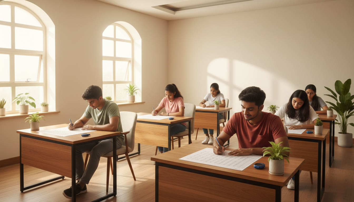 Photo Idea : Students sitting at desks taking full-length mock tests with stopwatches and OMR sheets