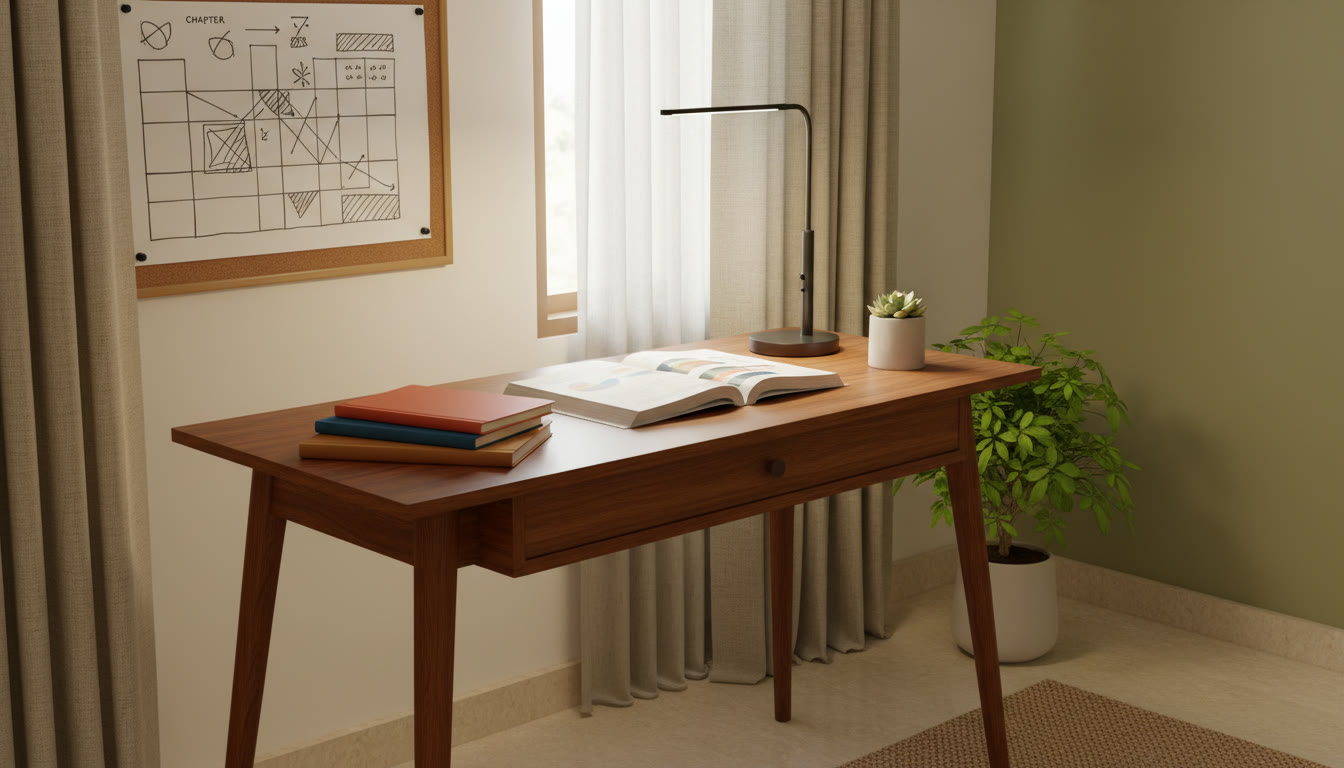 Photo Idea : A neat study desk with three labeled notebooks: Physics, Chemistry, Mathematics, and a sticky chart showing chapter names