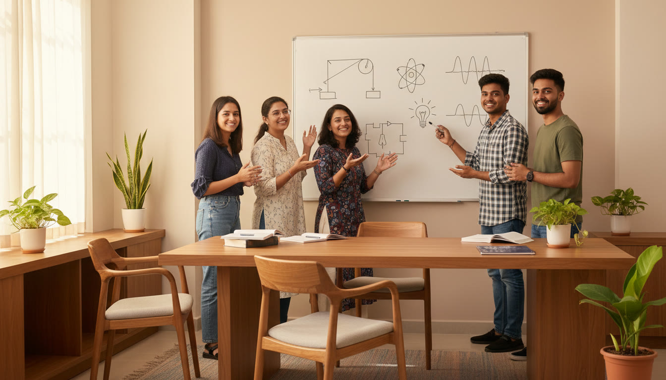 Photo Idea : Students clustered around a whiteboard, sketching a physics diagram and discussing concepts