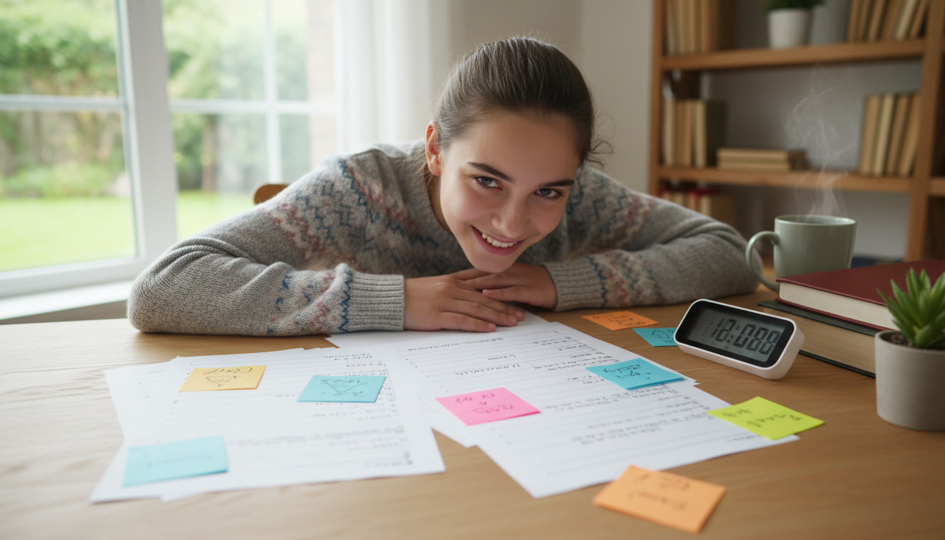 Photo Idea : A focused student at a tidy desk, working through past papers with colorful sticky notes and a timer.