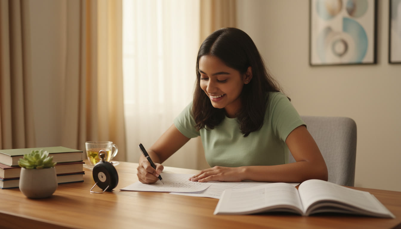 Photo Idea : Student taking a timed mock test at a study table with an OMR sheet and stopwatch