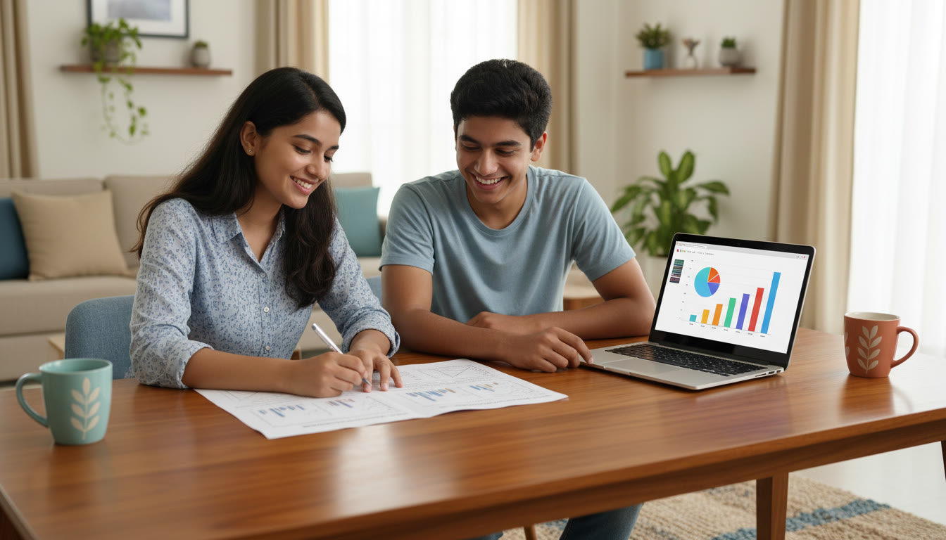 Photo Idea : A tutor and student working on a mock paper with a laptop showing performance analytics