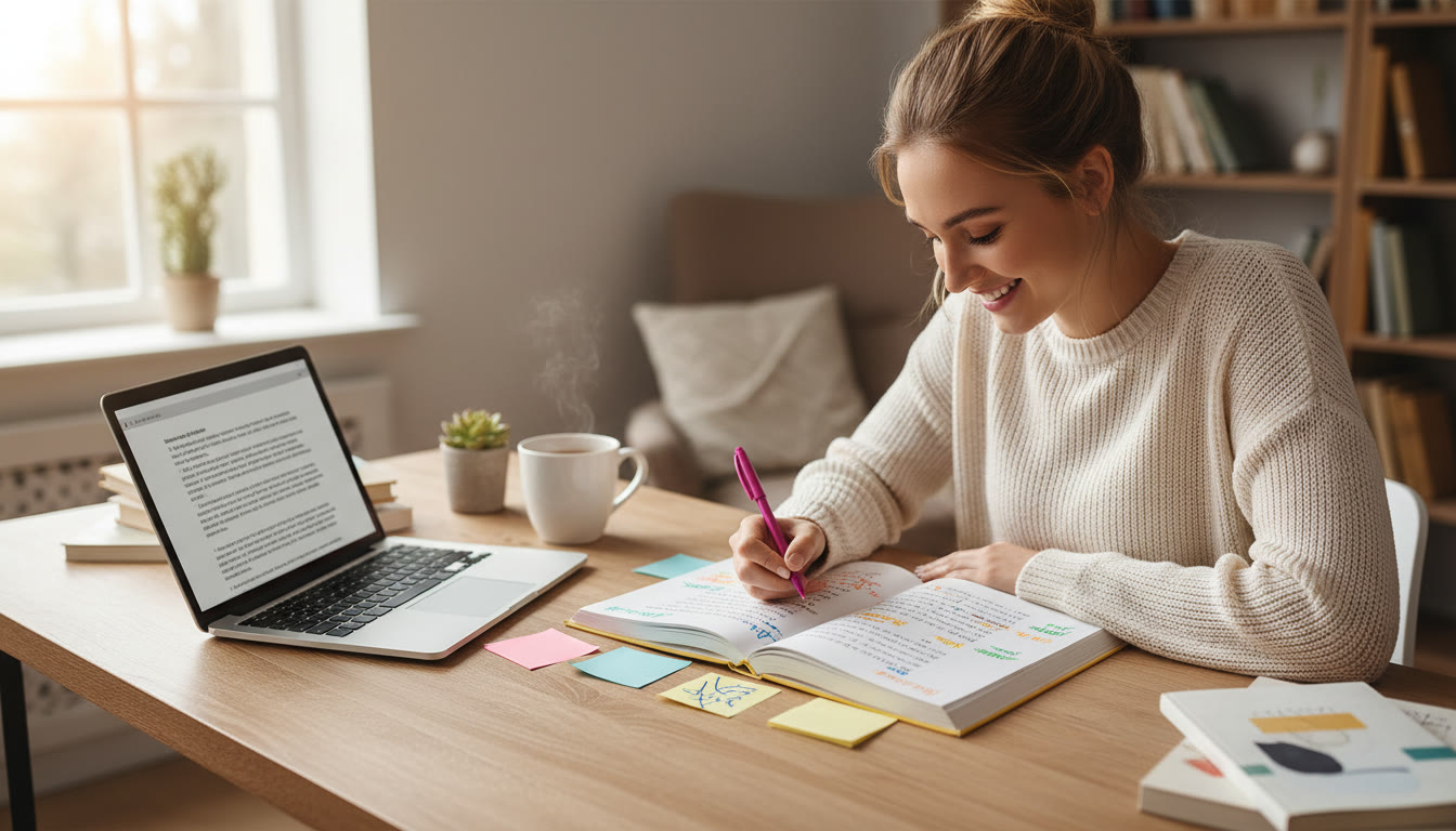 Photo Idea : A student at a tidy desk annotating a poem with colored pens and sticky notes, a laptop open to an essay draft nearby