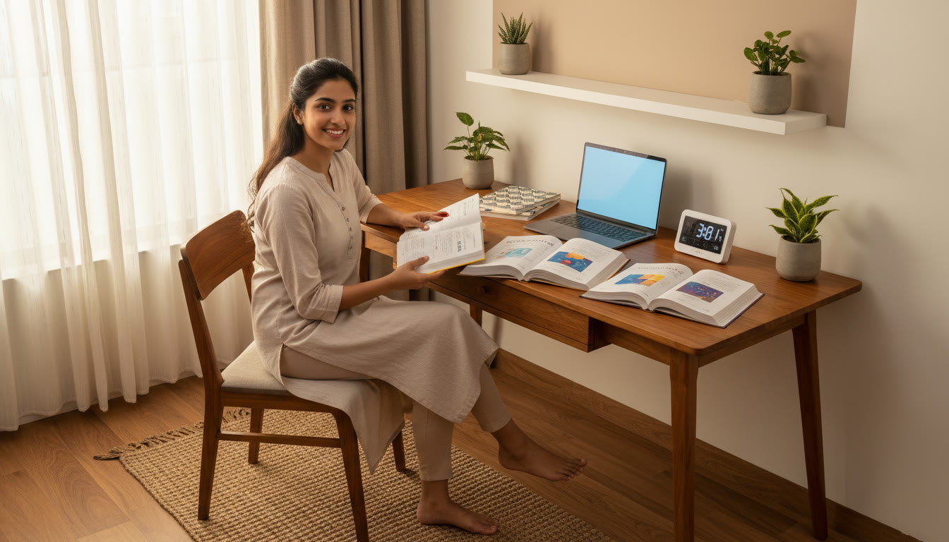 Photo Idea : Student at a tidy desk with three open textbooks labeled Biology, Physics, Chemistry and a visible timer