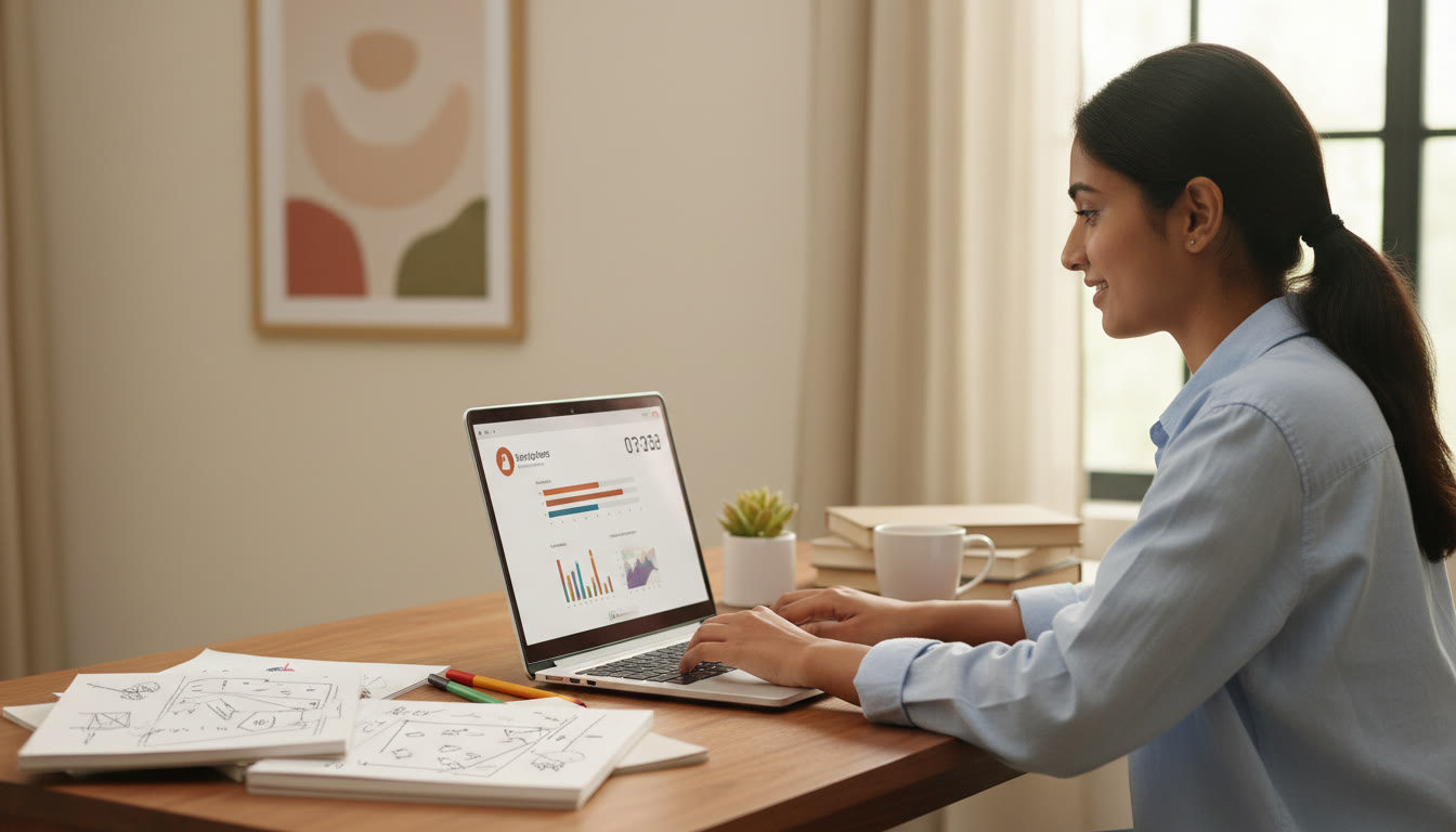 Photo Idea : A focused student taking a full-length mock on a laptop with a visible countdown timer and scribbled notes nearby