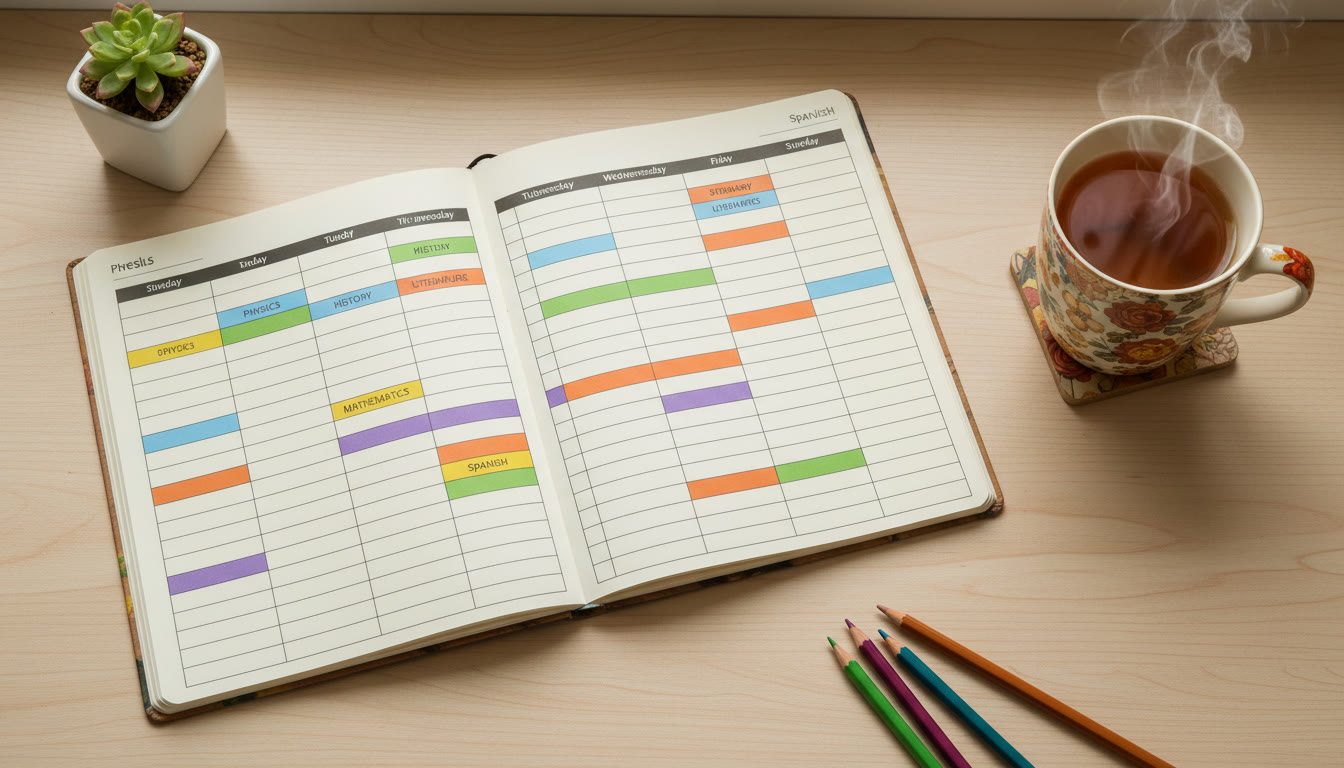 Photo Idea : Overhead shot of a weekly planner with color-coded subjects and a mug beside it