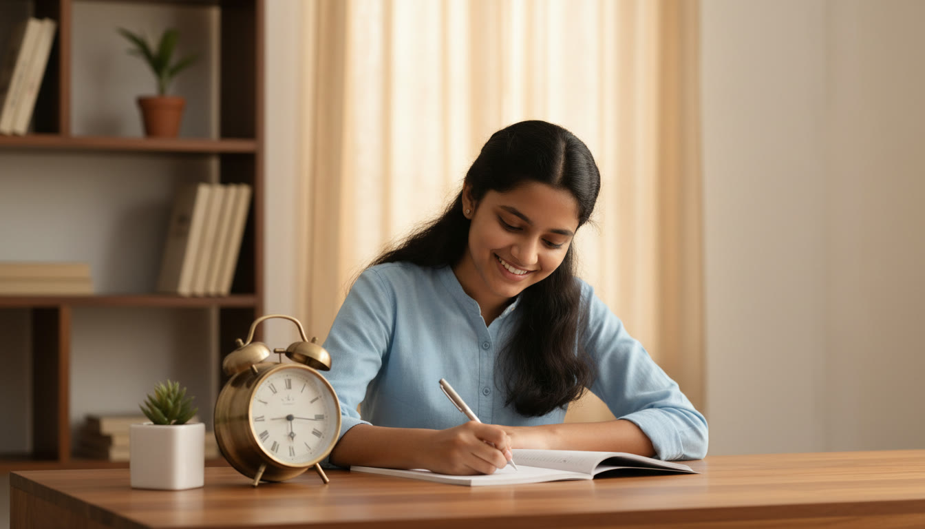 Photo Idea : a student writing under exam conditions with a clock visible on the desk