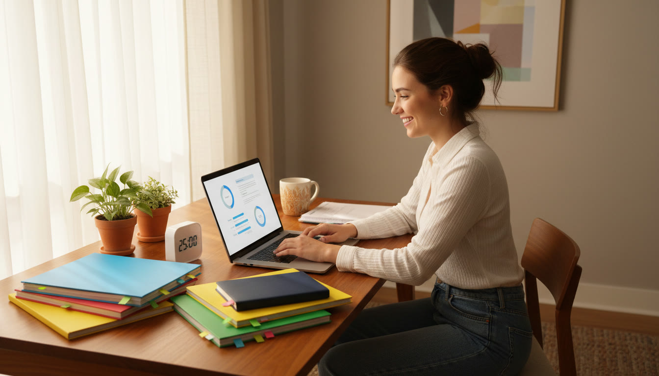 Photo Idea : A student at a tidy desk with color-coded notebooks, a timer, and a laptop showing a mock test interface