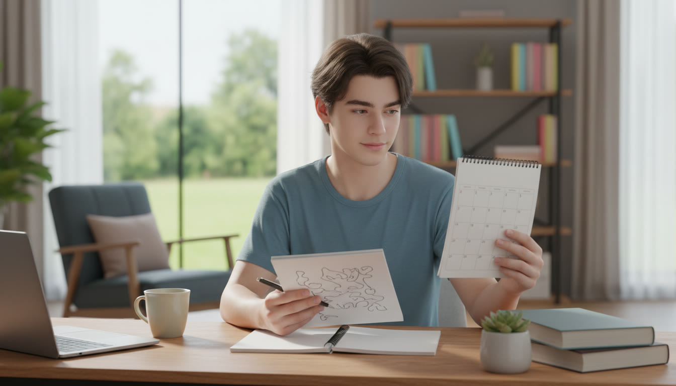 Photo Idea : Student at a desk holding a calendar and a notebook, looking contemplative