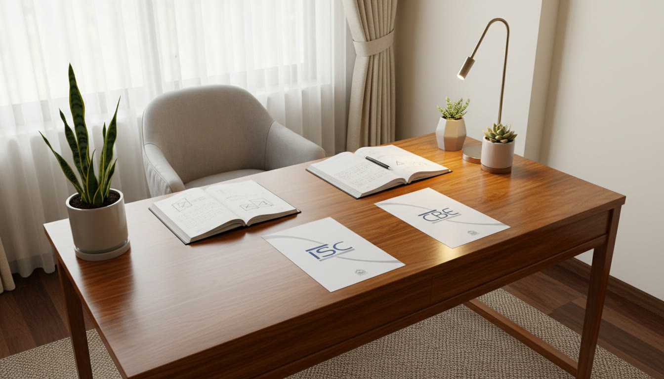 Photo Idea : A neat study desk with open notebooks and two clean handouts labeled