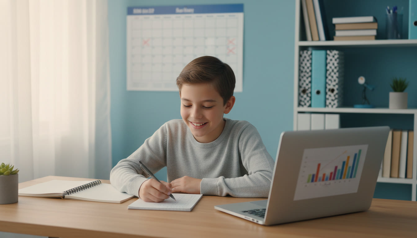Photo Idea : A student at a clean desk with a calendar, notebook, and laptop, calmly checking off a small to-do list