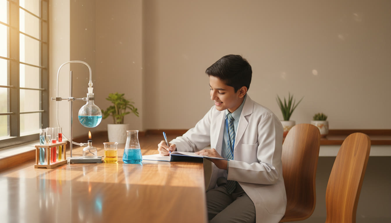 Photo Idea : Student in a school lab carefully recording observations in a neat lab notebook with labelled apparatus on the bench