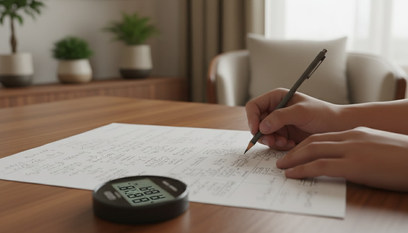 Photo Idea : Close-up of a student’s hands solving equations on paper with a stopwatch visible