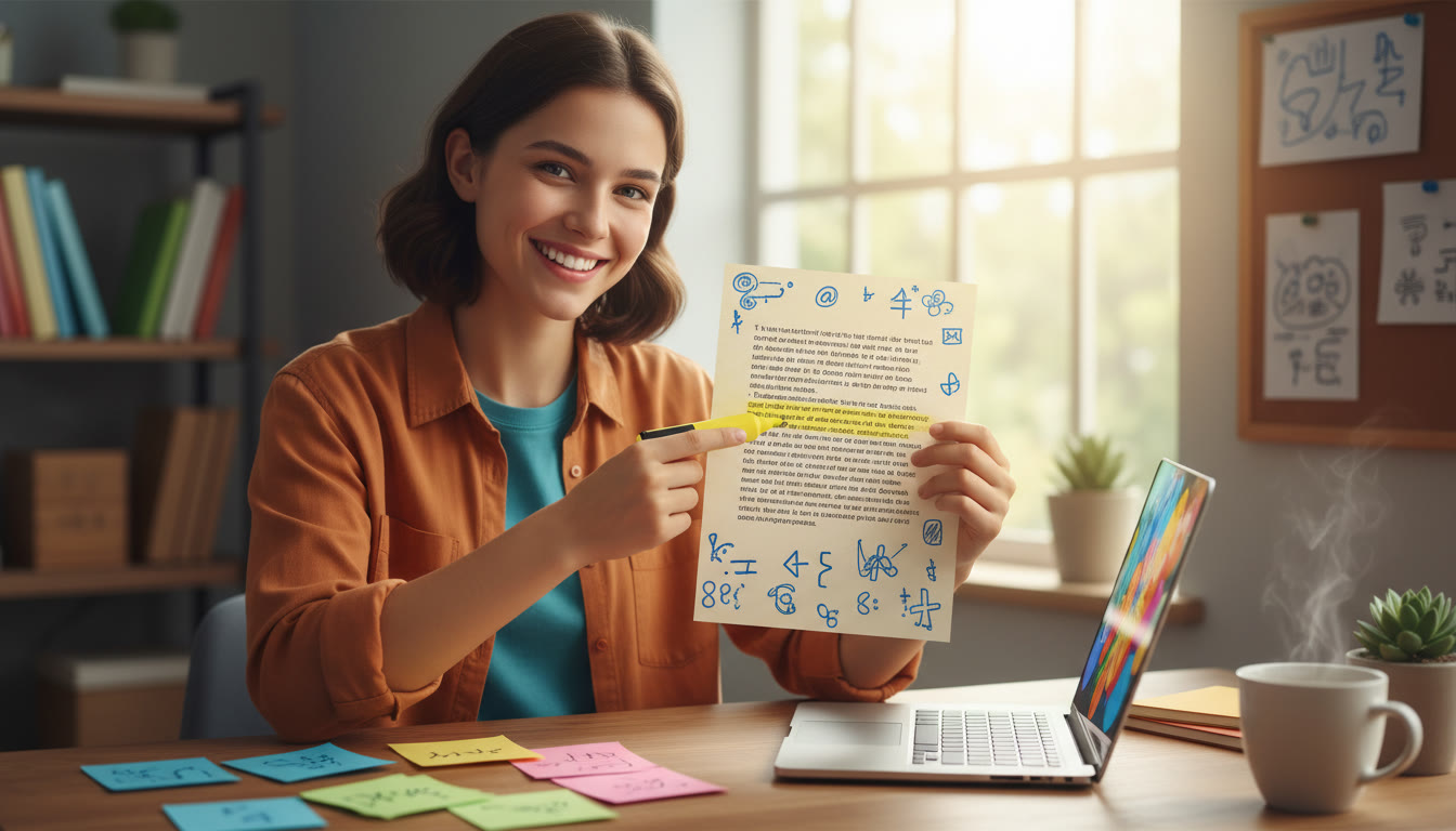 Photo Idea : Student highlighting a printed TOK paragraph with notes and index cards beside a laptop