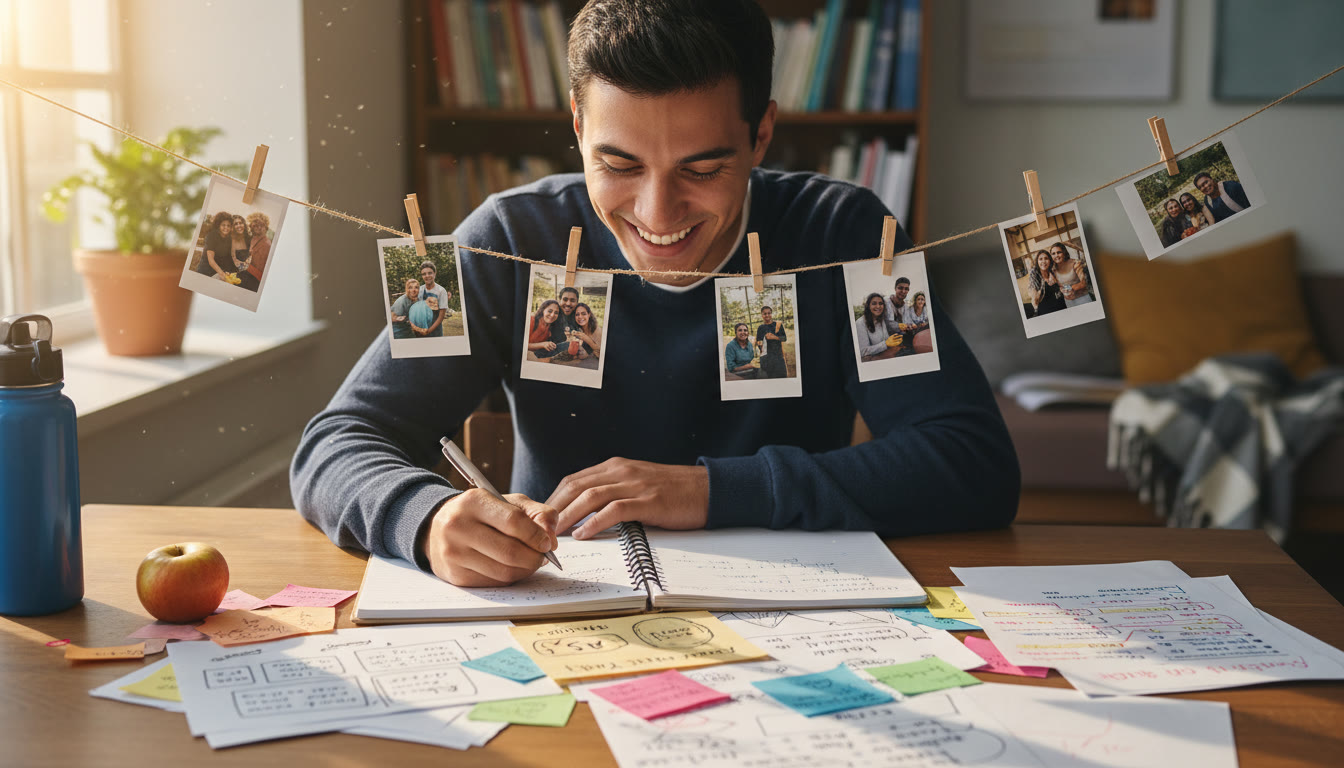 Photo Idea : A focused student writing at a desk surrounded by CAS notes and community photos