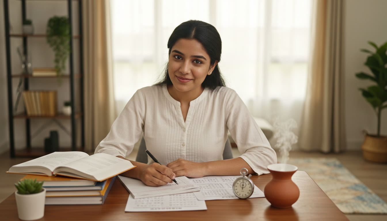 Photo Idea : A focused student at a desk solving multiple-choice practice questions, open notebooks, and a stopwatch nearby